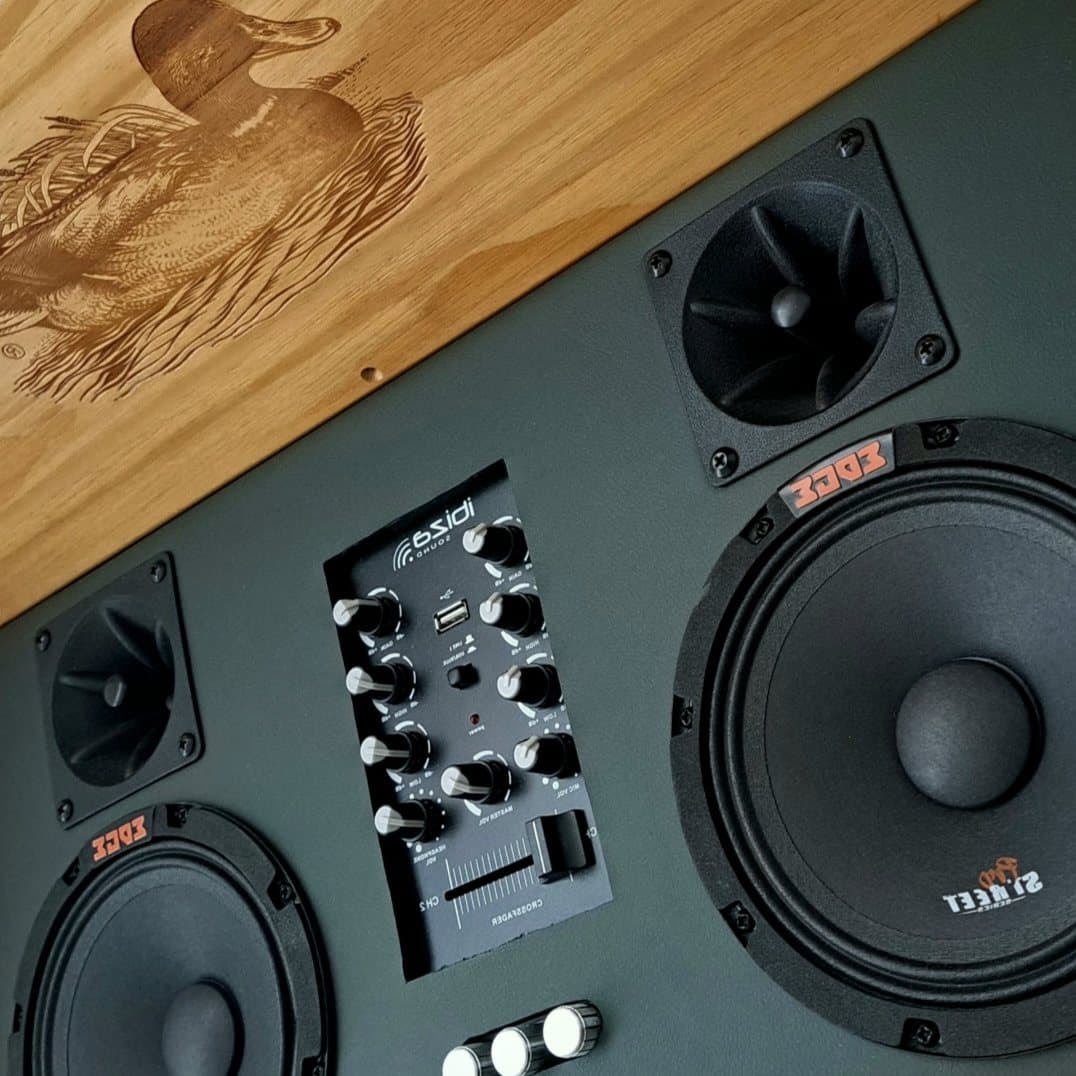 Duckhorn Vineyards wine box opened to reveal two drivers, tweeters and a mixer panel